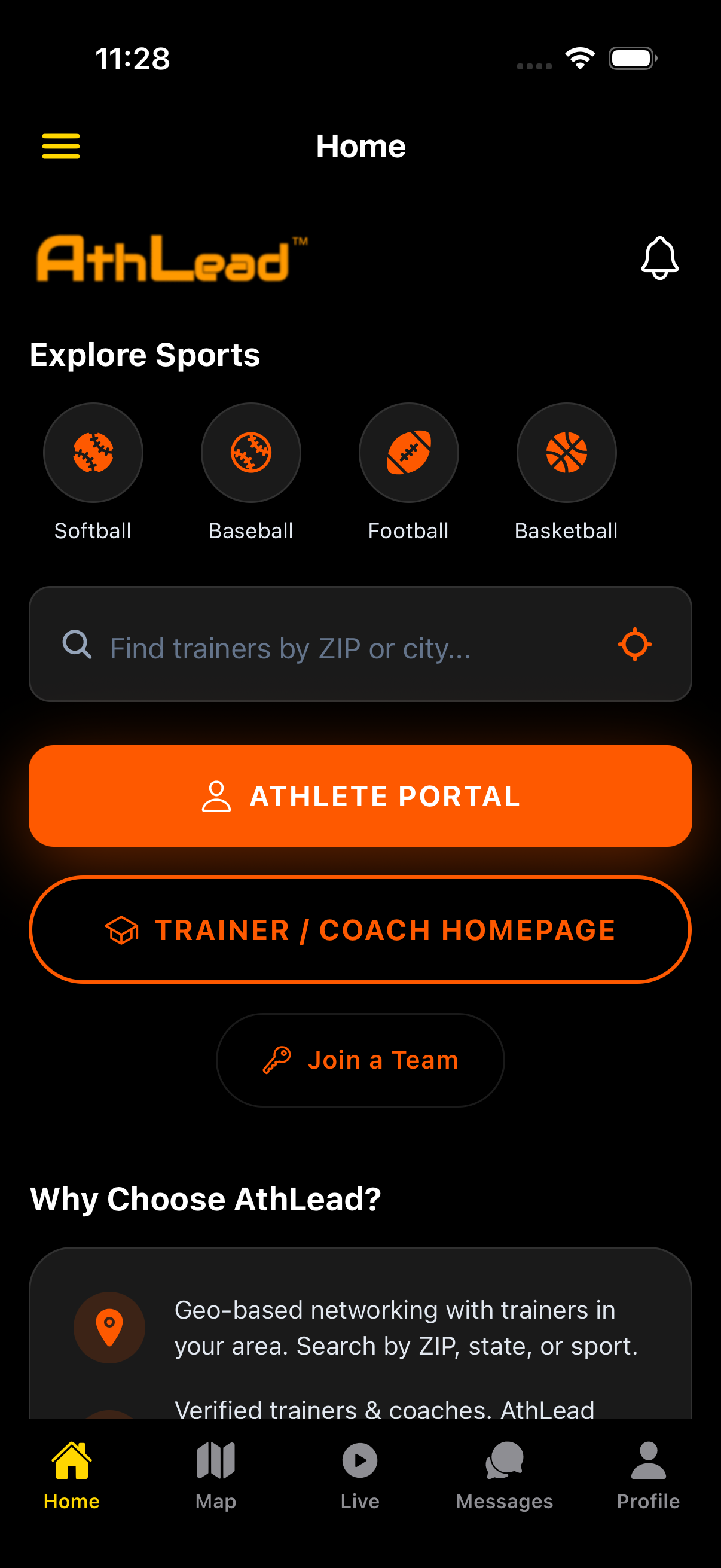 AthLead mobile app home screen: explore sports, find trainers, athlete and trainer portals