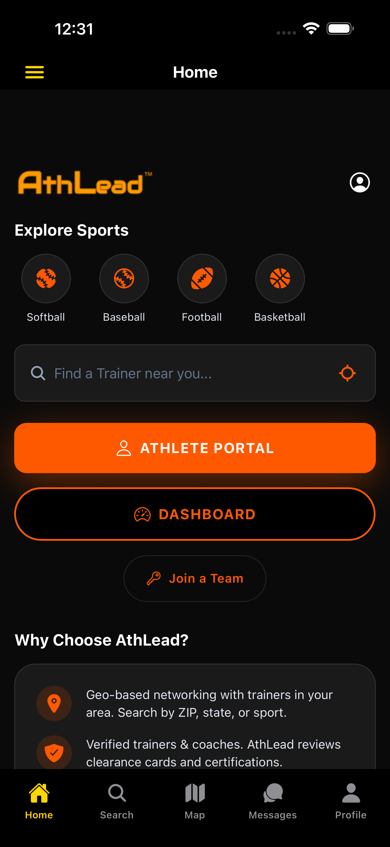 AthLead mobile app homepage preview